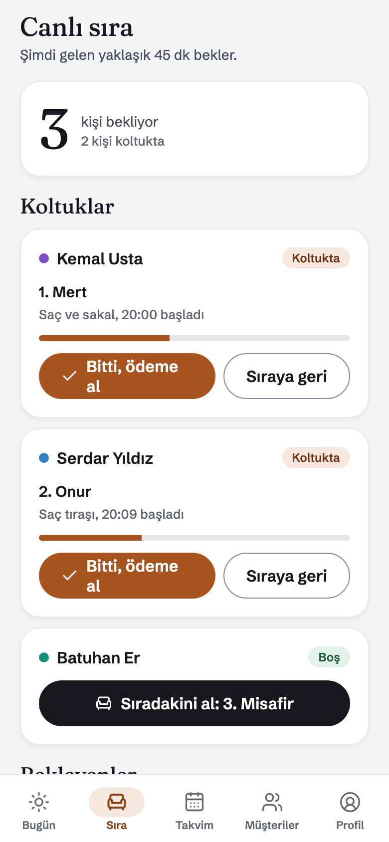 Berberim uygulamasında canlı sıra ekranı
